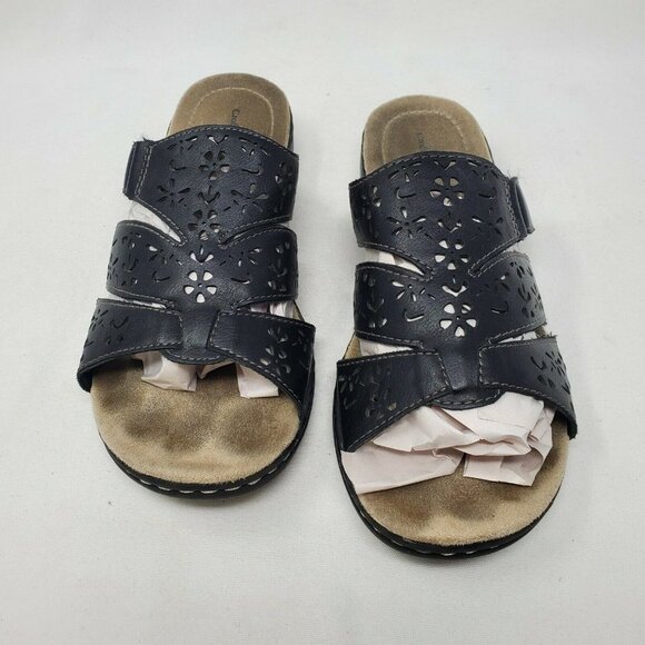 Croft and Barrow Women's Black Leather Floral Slides Sandals size 10 CM 26 - Picture 5 of 11